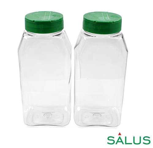SALUSWARE - 2 PACK - 32 Oz with Green Cap - Plastic Jars Bottles Containers – Perfect for Storing Spice, Herbs and Powders – Lined Cap - Safe Plastic – PET - BPA free - Made in the USA