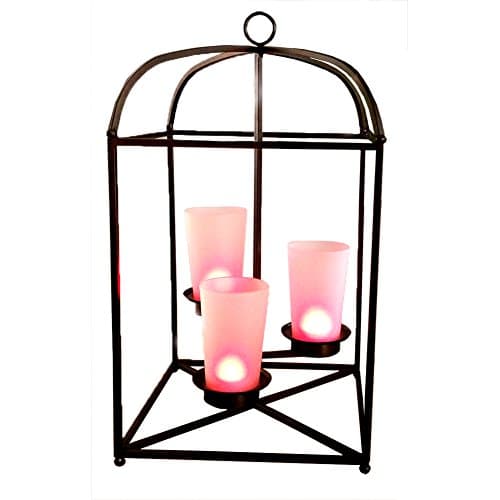 High End Quality Assorted Styles Dark Metal Candle Holders(10"D x 18"H x 10"W and Red Tealights (Lantern w/ 3 Candles)