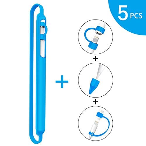 WZE Case for Apple Pencil[5-PCS], Soft Silicone Protective Cap Holder Nib Cover Adapter Tether Accessories Pocket Sleeve for iPad Pro 9.7/10.5 Pen