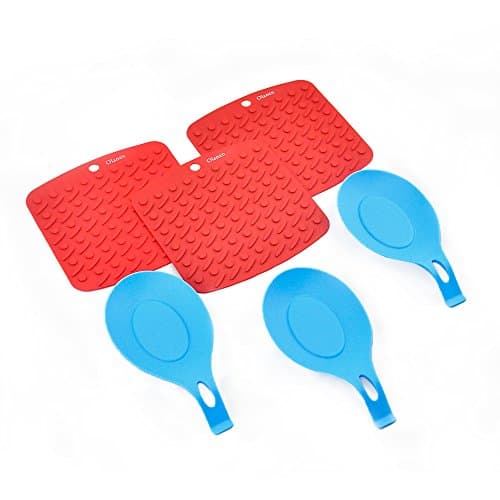 Small Silicone Placemat and Soup Spoon Rest 6pcs Multipurpose Drying Mat, Silicone Pot Holders, Trivets, Jar Openers, Non Slip Heat Resistant Hot Pads (Square)