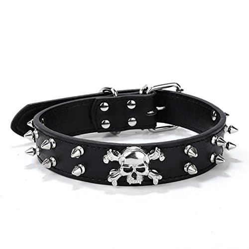 Devoted Pet Dog Choke Collar Double Row Skull Bullet Nail PU Black Rivets Adjustable Dog Chain Ring Spiked Studded Leather Dog Basic Collars for Small Mediumn Large Pet Soft Comfortable Durable Black