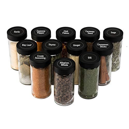 AllSpice 4 Ounce Glass Spice Jars (Same Size as Penzeys and Spice House) with Black Plastic Lids and 3 Styles of Shaker Tops- 12 Pack