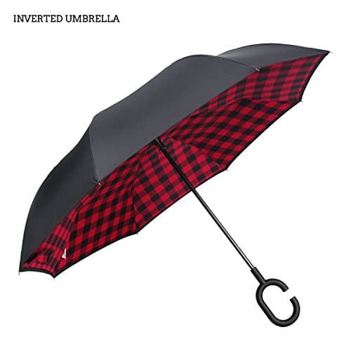 Premium Double Layer Inverted Umbrella For Car By AmbrellaOK Reverse Folding Upside Down C-Shaped Hands Free Handle - Compact Lightweight &amp; Windproof – Ideal Gift Men &amp; Women (Manual-Black-Checks)