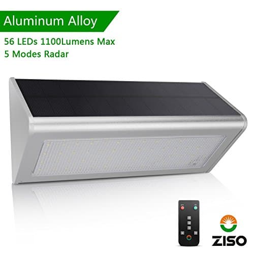 ZISO (2018 NEW VERSION) Solar Light Super Bright 56LED, 5 Modes Switch with Remote Control, Wireless Waterproof Security Motion Sensor Outdoor Light for Yard, Patio, Fence, Driveway (Silver)