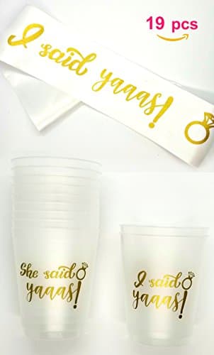 Bachelorette Party Set Bundle "She Said Yaaas" 16 Cups w/ "I Said Yaaas" Sash and 2 Cups For Bridal Shower Engagement Party (18 Cups + 1 Sash) - Bride To Be Gift Item (19 Count)