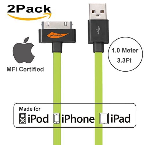 [Apple MFI Certified] 2Pack Yellowknife® 3.3ft/1m Noodle Flat 30Pin to USB Data Sync Charger Cable Charging Cord for Apple for iPhone 4s 4 3GS iPad 1 2 3 iPod Touch 4th iPod Nano 6th Gen - Green
