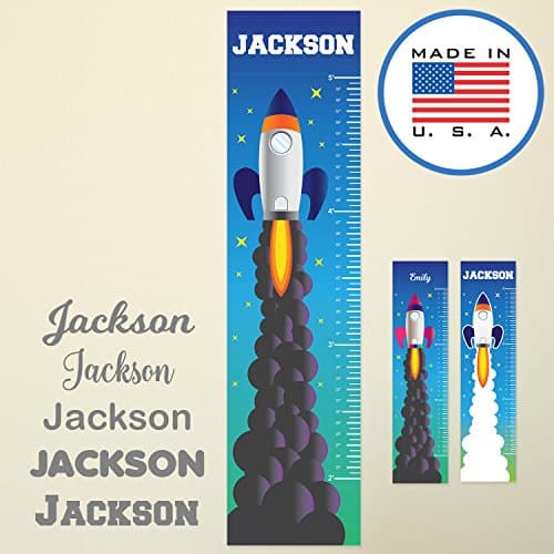 WallClipz Personalized Growth Chart FABRIC Wall Decal, Rocket Ship with Name Blue Silver, Height Ruler Measurement, Peel and Stick Rocketship Outer Space Kids Nursery, MADE IN USA