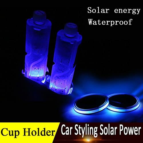 Apltch New 2Universal Waterproof Car Bottle Drinks LED Coaster Styling Solar Power+USB Charging Car Interior Decoration Light Cup Mat Accessories Blue Colors For All Cars