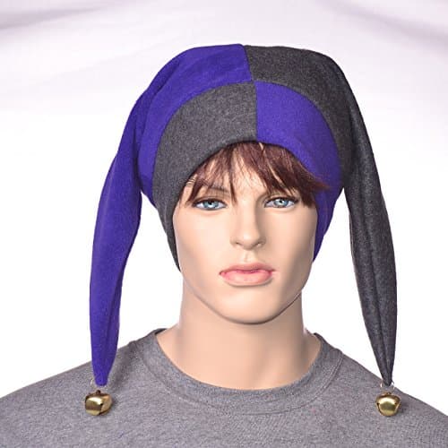 Patchwork Jester Hat Purple and Charcoal Gray Two Point Harlequin Cap