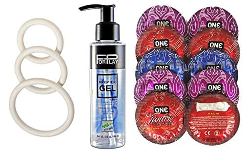 New Spartacus 3 Pack Nitrile Ring Set with Premium Water-based Personal Lubricant 5 Oz Forplay Premier Gel and 10 Free Condoms