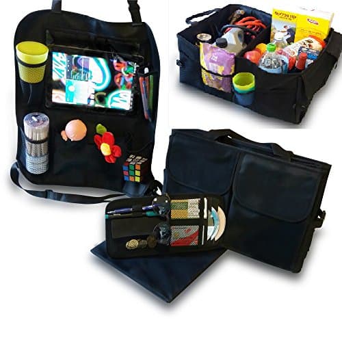 The Haultidy Premium 3 Piece Car Organization System - Foldable Trunk Organizer Velcro Floorboard Insert, Backseat Organizer with Pocket for 10.1 inch Tablet or IPad and Bonus Sun Visor Organizer