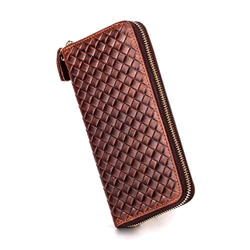 Crazy Horse Real Leather Long Bifold Weave Pattern Zip Around Wallet