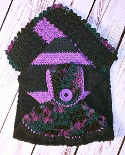 A handcrafted kitchen set that is sure to please anyonel One of a kind gifts that can be used all year. Chic black, violet twilight and passion fruit crocheted kitchen ensemble.