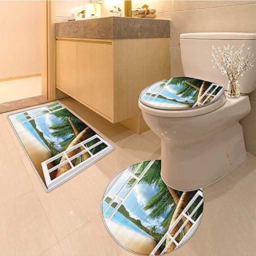 3 Piece Bath Rug SetPersonalized for Gazebo Theme Curtains Sets Fabric Beach with Wooden Windows and Pano Textures Non-Slip Bathroom Mats Contour Toilet Cover Rug