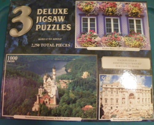 3 Deluxe Jigsaw Puzzles 2,250 pcs Window Boxes (750pcs), Neuschwanstein Castle, Germany (1000pcs), Trevi Fountain, Italy (500pcs)