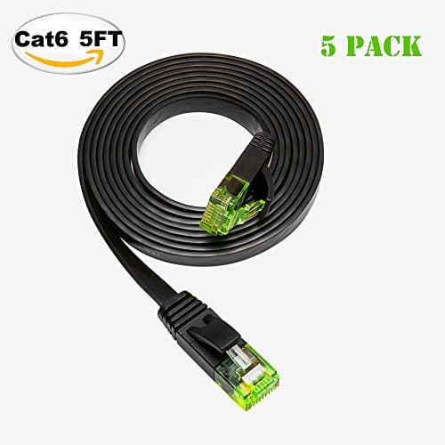 Cat6 Ethernet Cable 5ft Flat(5 pack), iTLTL Network Cable Slim Internet Patch LAN Wire 100% Copper with Green Snagless RJ45 Connectors - 5 feet Black (Pack of 5)