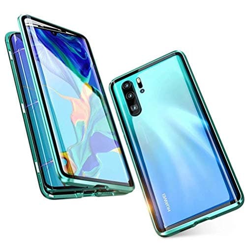 Case for Huawei Mate 20 Pro, Magnetic Adsorption Case Shockproof Cover Double Sides Transparent Tempered Glass Case Cover Aluminium Metal Frame 360 Degree Protection Case – Green