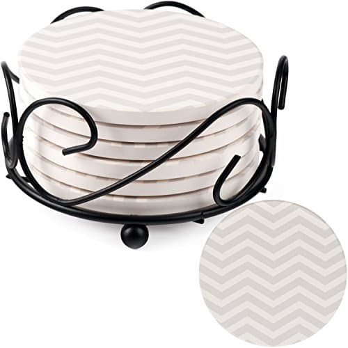 Coasters For Drinks Absorbent with Holder Included - 6 Grey Chevron Pattern on Big Ceramic Stones with Cork Back, Use as Home Decor and Save Your Furniture From Water Stains, Marks And Scratches