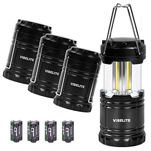 VIBELITE Led Lantern, 4 Pack Portable LED Camping Lantern with 12 AA Batteries - Survival Kit for Emergency, Hurricane, Power Outage (Black, Collapsible)