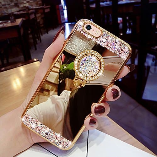 IPhone 8 Plus Case, Luxury Bling Rhinestone Soft Rubber Mirror Makeup With Ring Stand Case for IPhone 8 Plus Women Girl Rose Gold (Gold)