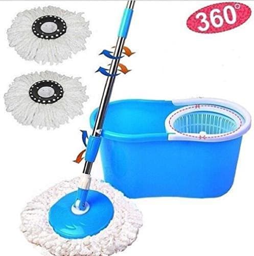 360° Microfiber Spining Magic Spin Mop W/Bucket 2 Heads Rotating Easy Floor Mop (Blue)
