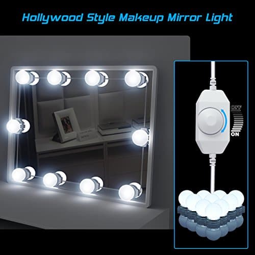 Hollywood Style LED Vanity Mirror Lights Kit, HogarTech Dimmable Makeup Dressing Vanity Table Light Bulbs with Power Plug Lighting Fixture Strip - 6000K, 10Pcs Bulbs, White