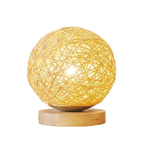 CANCUI E27 Wood Round Table lamp, Modern Mini Decoration Lighting Rattan Desk lamp for Bedroom Desk Office Bedside Night Light-Dimming Switch 23x20cm(9x8inch)