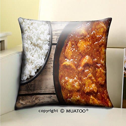 PleayeL Soft Canvas Throw Pillow Covers Cases for Couch Sofa -Chicken Tikka Masala Traditional Meat Curry Spicy Food with Rice in cast Iron Skillet on Vintage Print 18x 18(45 x 45 cm)