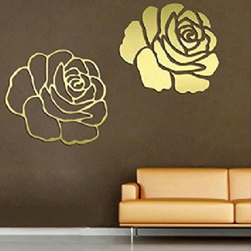Qisc DIY 3D Mirror Wall Sticker, Roses Combination Removable Round Acrylic Mirror Decor of Self Adhesive Circle for Art Window Wall Decal Kitchen Home Decoration (Gold)