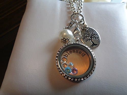Large Silver Locket Charm Blessed Plate Dangle Birthstones
