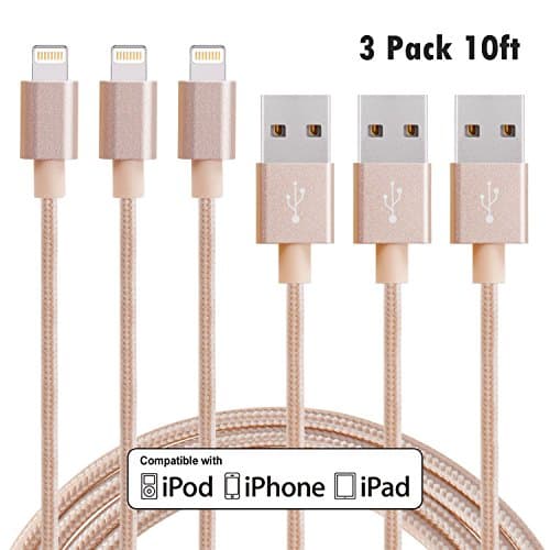 Eashion iPhone Charger 3Pack 10FT Nylon Braided Lightning Cable for iPhone, iPad, iPod and More (Gold)