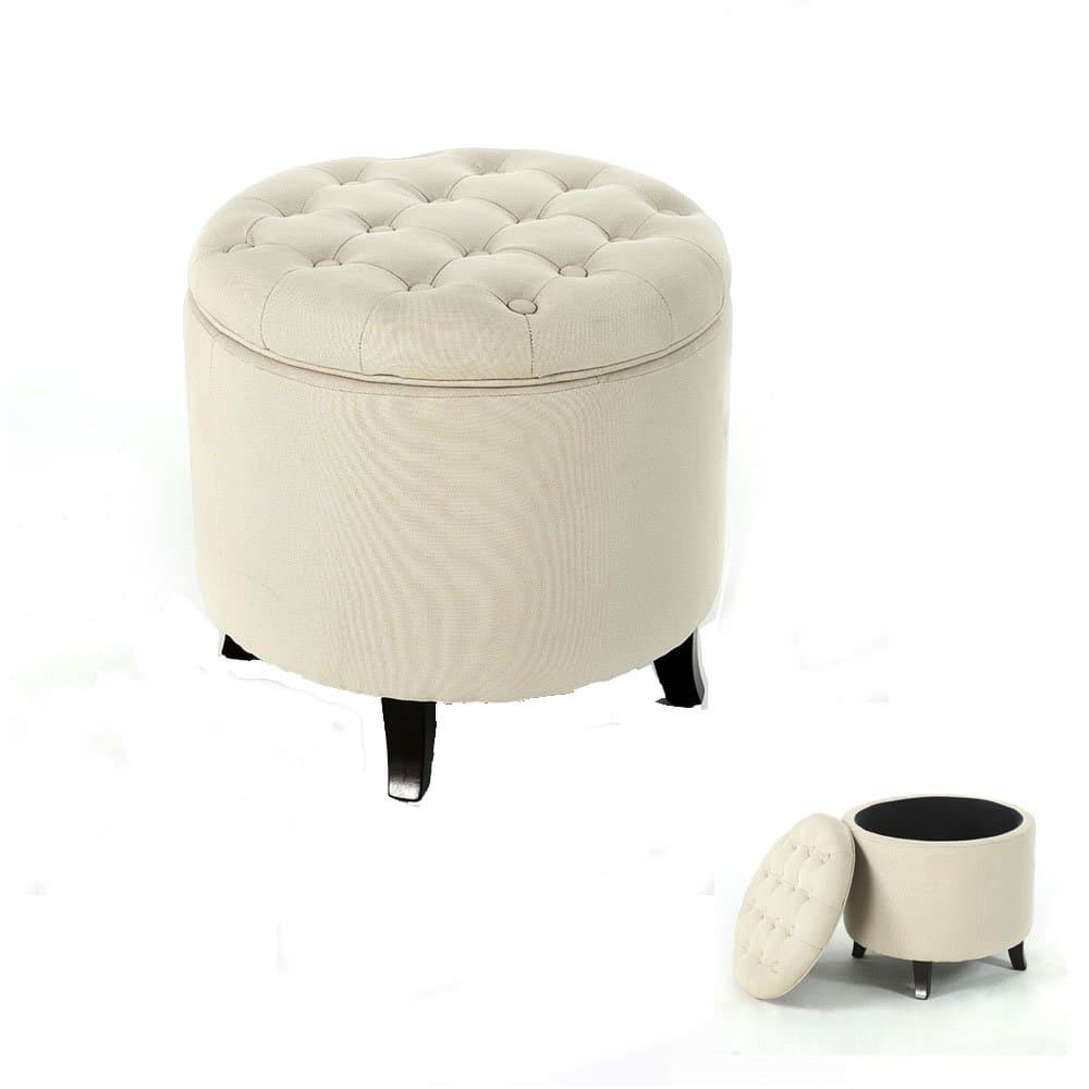 Inter Wealthys Round Storage Ottoman Coffee Table Beige Upholstered Fabric