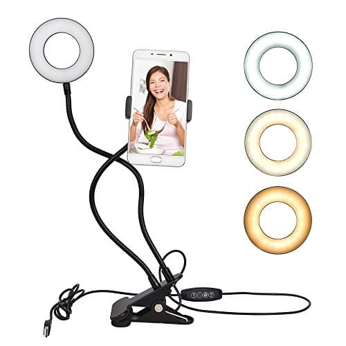 2 in 1 Cell Phone Holder with Selfie Ring Light for Live Stream, Dimmable 3 Light Mode [10-Level Brightness] with Flexible Arms Phone Clip Holder Lazy Bracket Desk Lamp