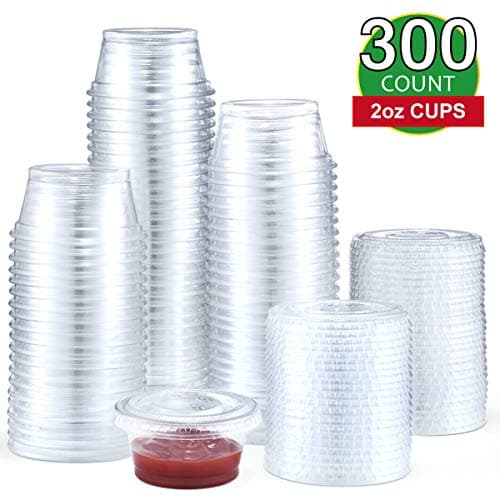Eupako 2 Ounce Jello Shot Cups with Lids 300 Pack, 2 oz Plastic Condiment Cup with Lid, PET Cups, FDA Approved