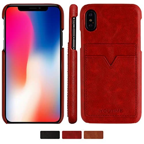 YOUTIME iPhone X Soft Leather Case with 2 Card Slots for ID/bank cards, Ultra Slim Genuine Leather Case Back Cover as Accessory [Screen Protector Included] (iPhone X, RED)