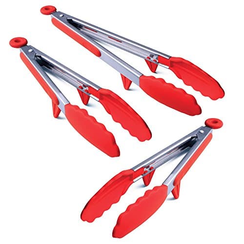 NextGen Kitchen Stainless Steel Locking Tongs w Silicone Tips 3 pack (9, 12 & 14-Inch) w Stands & Comfort Grips for Serving, Cooking & BBQ Grilling
