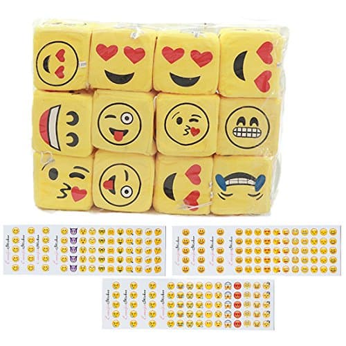 12 Pcs Soft Smile Face Emoji Dice Table Games Mini Plush Pillows Keychain Decorations emoticon pillow,12 Sheets Emoji Stickers for Funny Kids Birthday Party Supplies Favors Home Decoration Wall Decor
