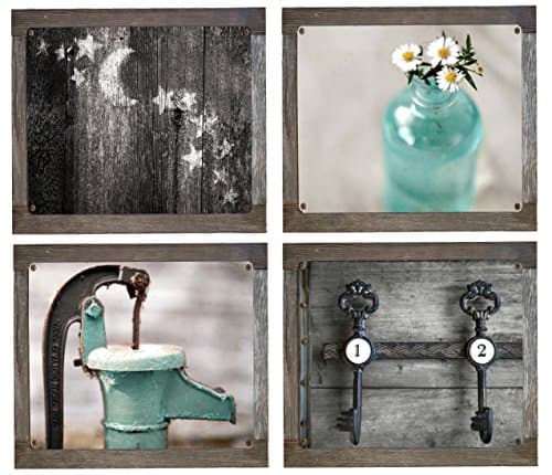Rustic Bath 4 Metal Print Set with Barnwood Frames- 12"X12", Country Decor, Primative, Rustic Bath, Farmhouse, Teal, Aqua