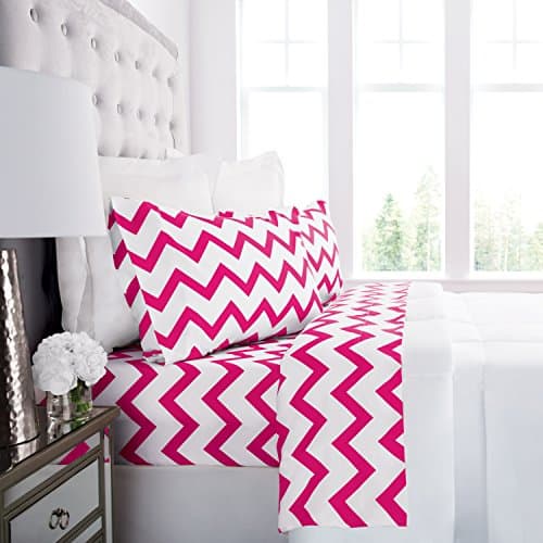 Prestige Linens 1800 Hotel Collection Chevron Pattern Bed Sheet Set - Deep Pockets, Wrinkle &amp; Fade Resistant, Hypoallergenic Printed Sheet &amp; Pillow Case Set - Twin - White/Pink