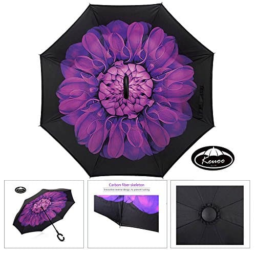 KEUOO Travel Inverted Umbrella for Driver C-Hook Reverse Hands Free Umbrella (Violet Flower)