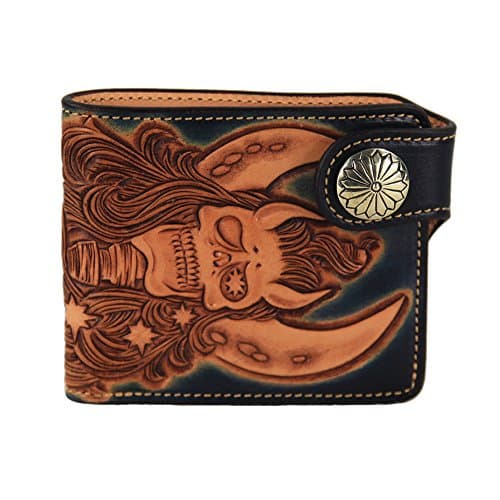 LengRen Senior Handmade Short Folding Wallet Carved with Skeleton Pattern Genuine Italian Full Grain Leather with Vegetable Tanning Technology Personal Design of Snap-fastener, Black
