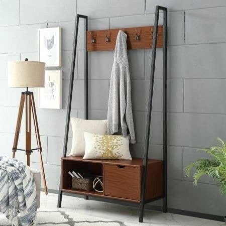 Entryway Hall Tree,Coat Rack, Storage Bench,, Angled Metal and Wood, Pecan