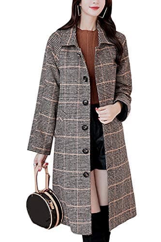 Suvotimo Women Wool Blend Trench Coat Button Down Long Sleeve Plaid Pea Coats