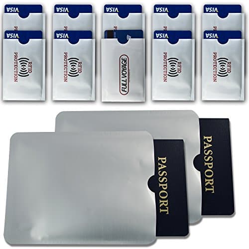 RFID Blocking Sleeve Set - Durable TearProof Waterproof - Slim Design for Wallet Pocket or Bag - 10 Credit Card Sleeves - 2 Passport Sleeves
