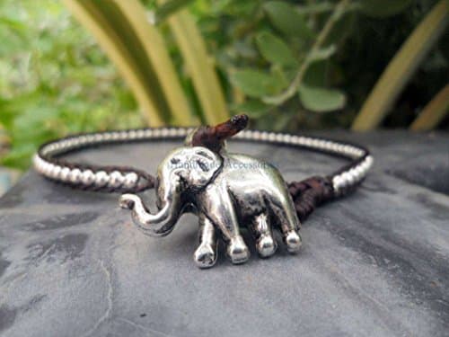 Infinityee888 Trendy Anklet Woven Round Silver Bead and Elephant Anklet Bracelet 10 Inches Woven with Brown Wax Cord Handmade Hippie Bohemian Style