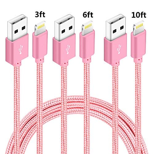 iPhone Charger,NANMING 3Pack 3FT 6FT 10FT Extra Long Nylon Braided Charging Cable Cord Lightning to USB Cable for iPhoneX/8Plus /7/ 7Plus/6/6s/6 plus/6s plus,5/5s/5c,iPad,iPod (Rose+Gold)