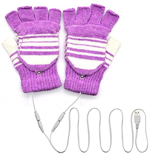 VRlinking USB Heated Half &amp; Full Finger Winter Warm Hand Gloves Warmer Wool (Purple)