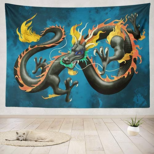 threetothree 80" W x 60" L Tapestry Wall Hanging Interior Decorative Dragon Blue Art Chinese Digital for Bedroom Living Room Tablecloth Dorm