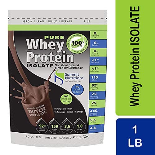 Non-GMO Pure Whey Protein Isolate: 1 lb - Dutch Chocolate - Instanized to Easy Mixing: Lactose Free: Kosher Certified: Naturally Flavored: Sweetened by Stevia: Gluten Free: Highest BCAAs and Glutamines: Zero Fat, Cholesterol, Carbohydrates, Fillers and Binders
