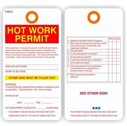 HOT Work Permit, 2 Sided, 5.75" X 3", White Paper, Pack of 25